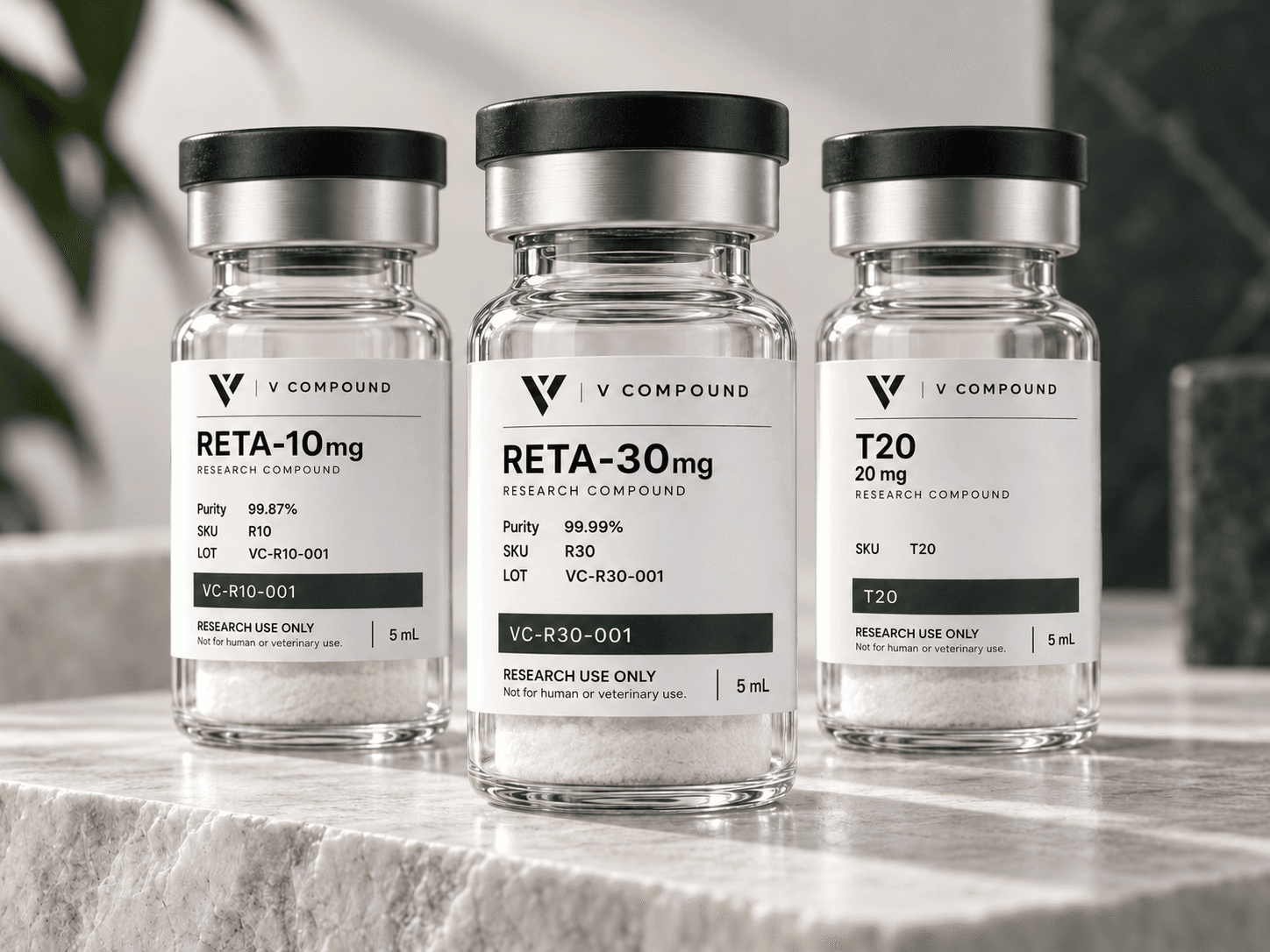 V Compound RETA10, RETA30 and T20 supplied hero mockup; corrected interim label designs
